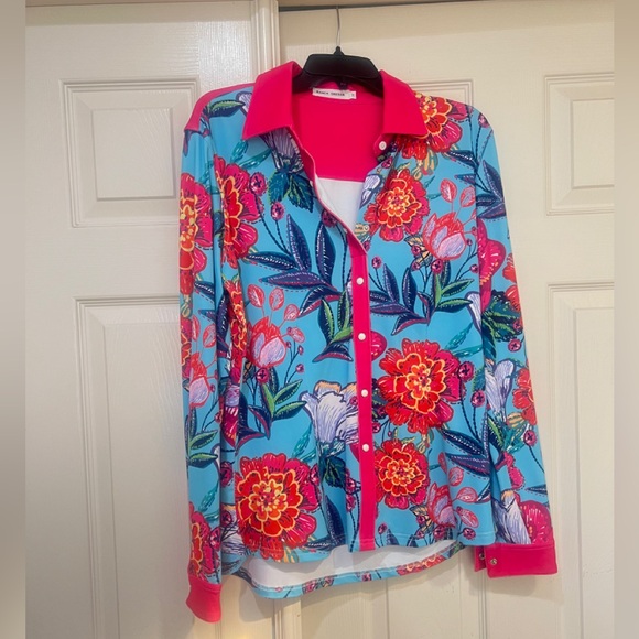 RANCH DRESS'N Fallon Taylor "Floral Turquoise & Pink" Performance rodeo shirt M - Picture 1 of 12